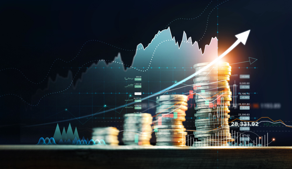 financial investment stack coins finance investor with trading graph growth banking Illustration abstraite pour les services de mise en place d'assurance vie.