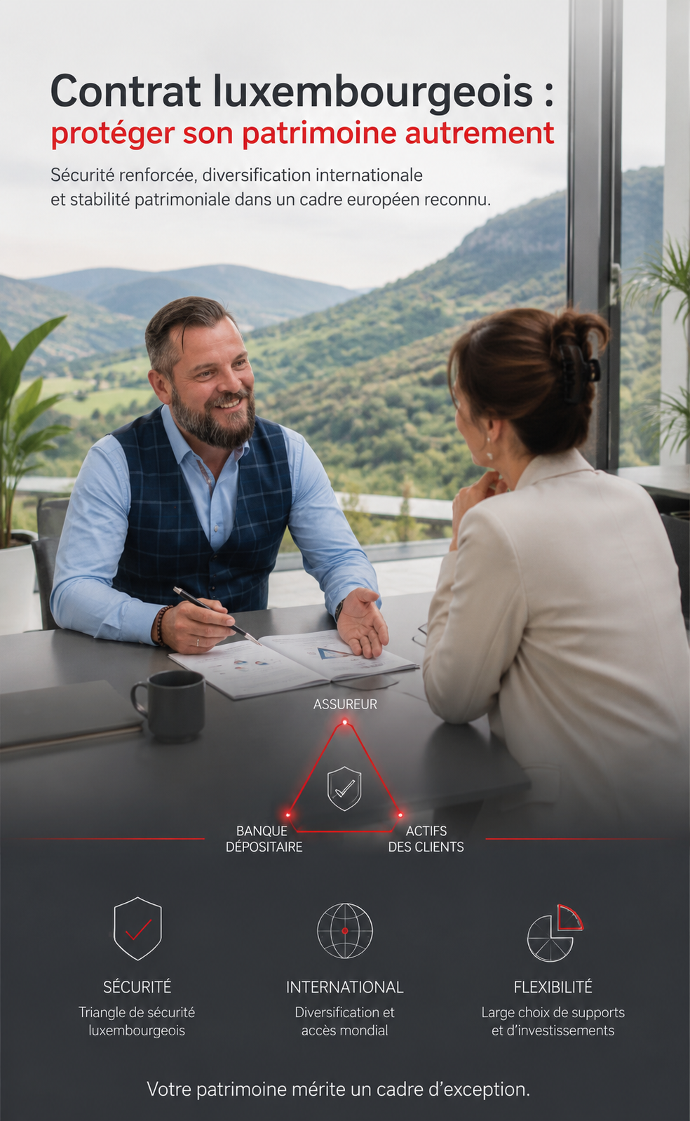 Gestionnaire de patrimoine échangeant avec une dirigeante d’entreprise dans un bureau lumineux avec vue sur les monts d’Ardèche, illustrant la sécurité du contrat luxembourgeois.