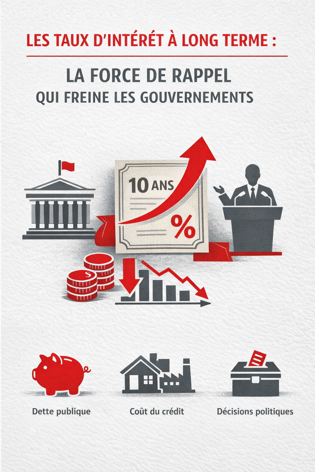 Infographie expliquant comment les taux d’intérêt à long terme influencent la dette publique, le coût du crédit et les décisions politiques