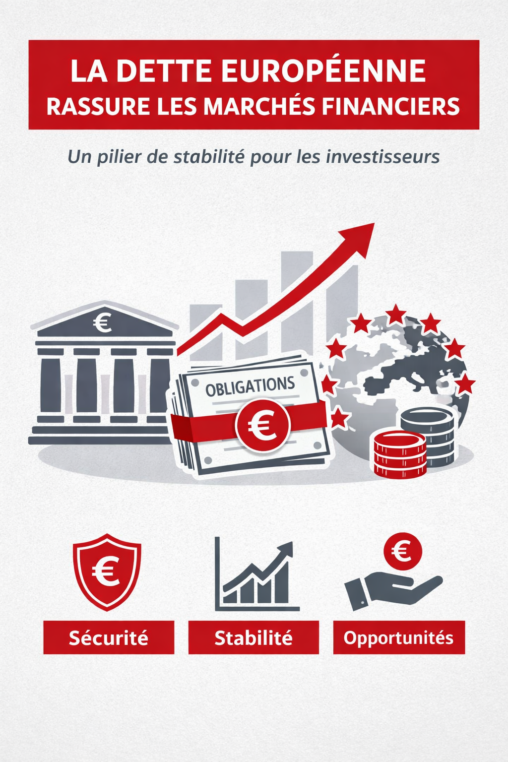 Infographie expliquant comment la dette européenne rassure les marchés financiers grâce à la stabilité obligataire et au rôle de la BCE