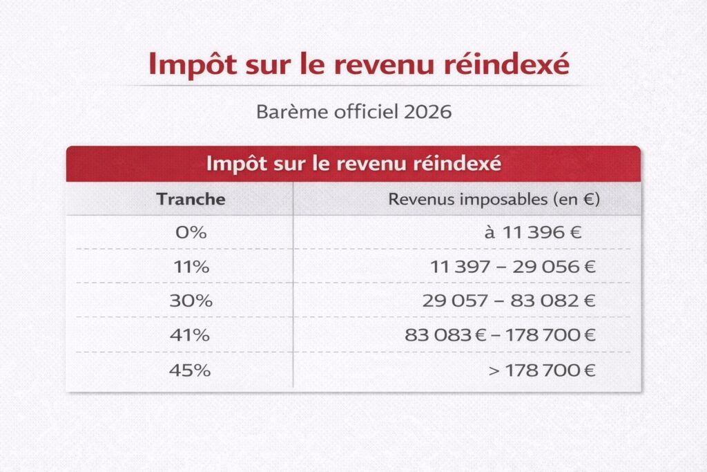 Tableau du barème de l’impôt sur le revenu 2026 réindexé (tranches 0%, 11%, 30%, 41%, 45%)
