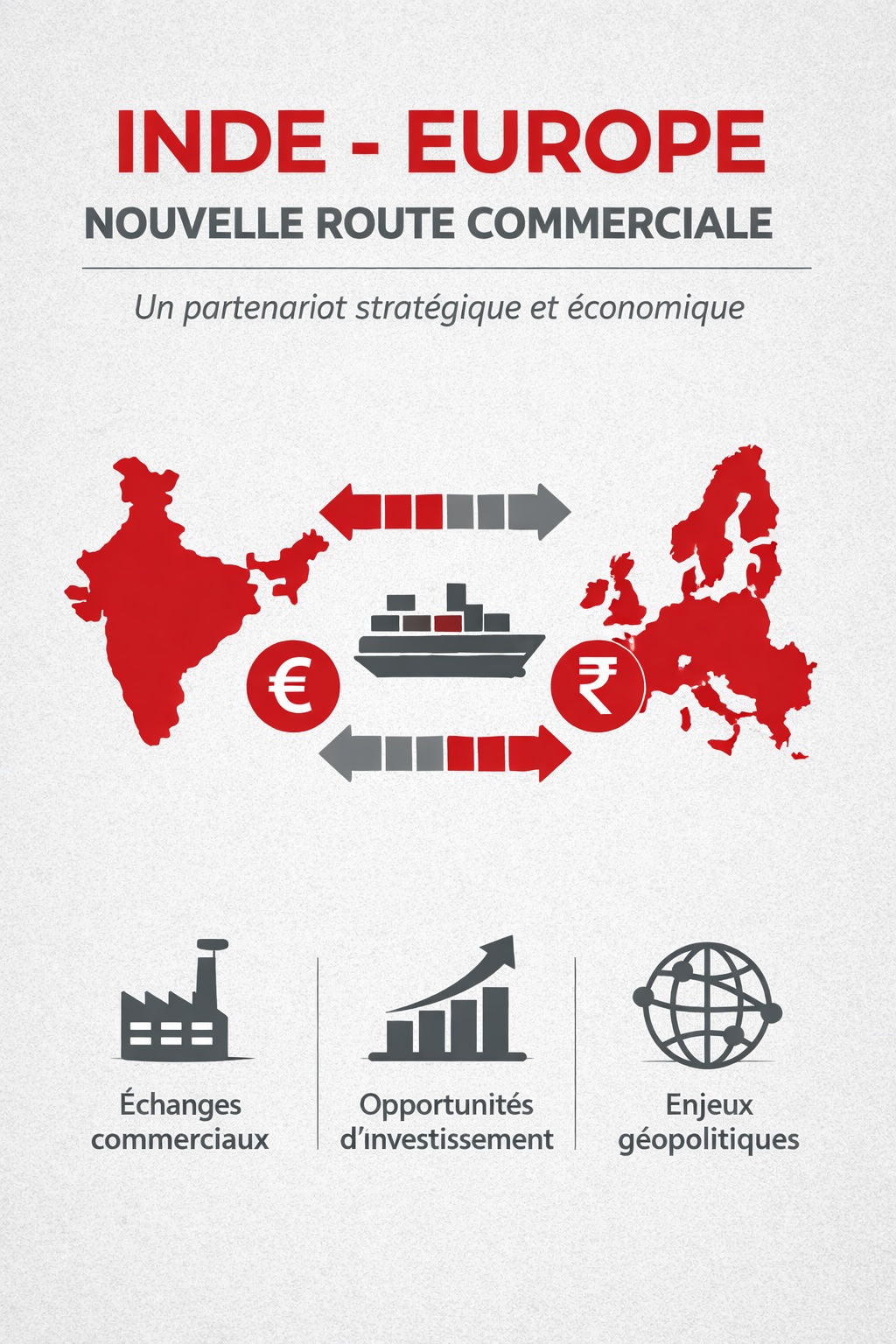 Inde Europe nouvelle route commerciale illustrant les échanges économiques, les investissements et les enjeux géopolitiques