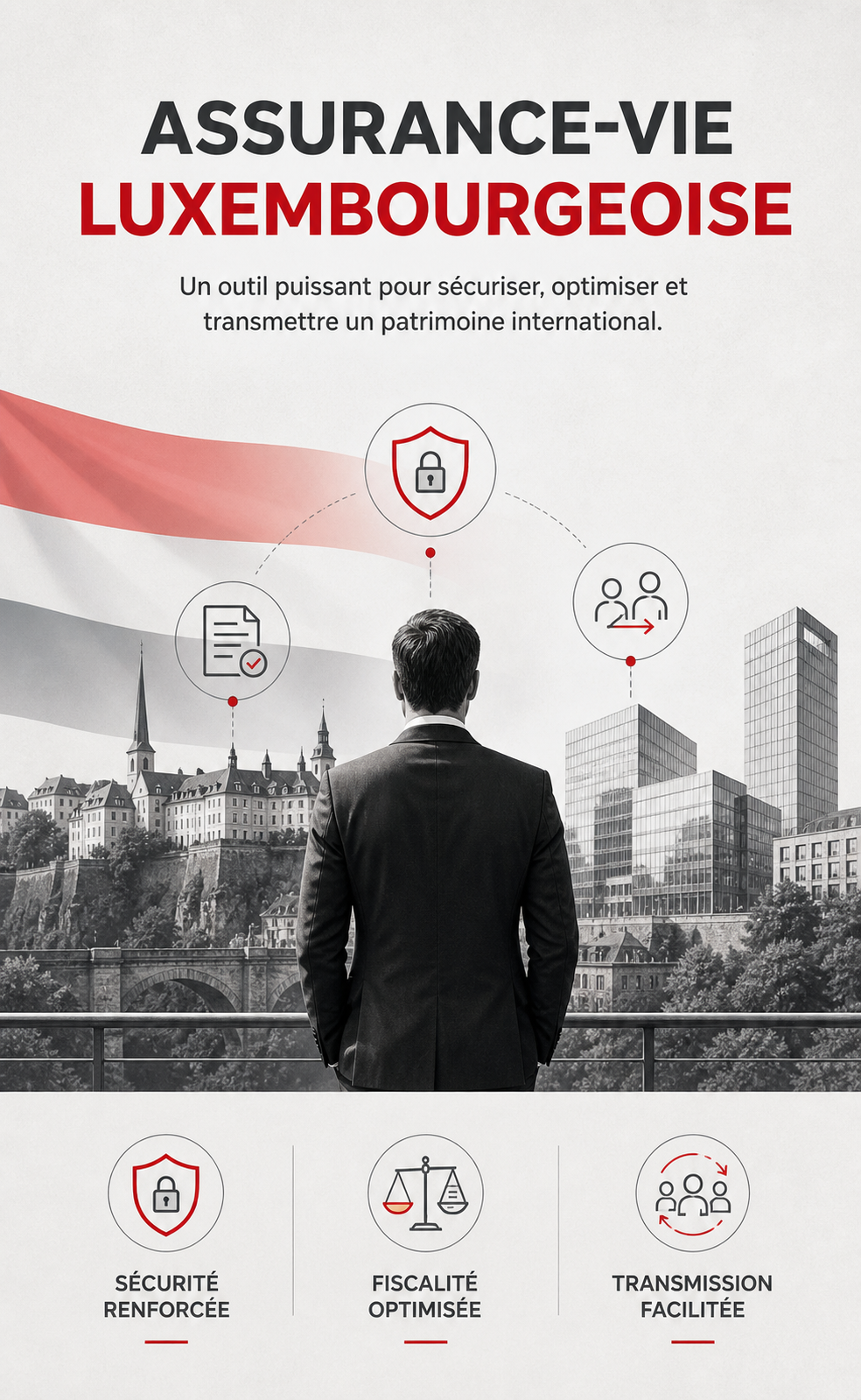 Investisseur observant Luxembourg avec drapeau en arrière-plan illustrant l’assurance-vie luxembourgeoise et la gestion de patrimoine international