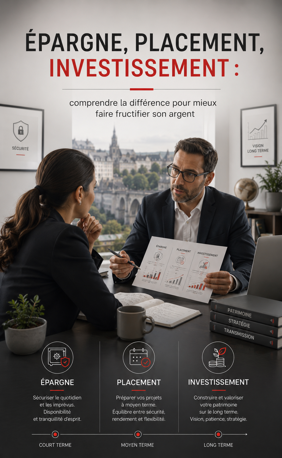 epargne placement investissement difference strategie patrimoniale kampostrategie Consultation en gestion de patrimoine entre un conseiller et une cliente autour de l’épargne, du placement et de l’investissement