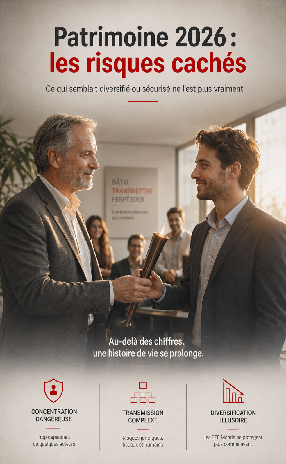 Patrimoine 2026 : les risques cachés de la transmission patrimoniale Transmission d’entreprise familiale entre deux générations dans un environnement patrimonial premium, illustrant la continuité humaine du patrimoine au-delà des enjeux financiers.