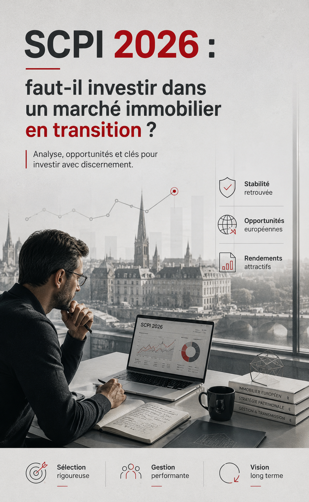 Illustration premium représentant un investisseur analysant le marché des SCPI 2026 dans un environnement immobilier européen en transition.