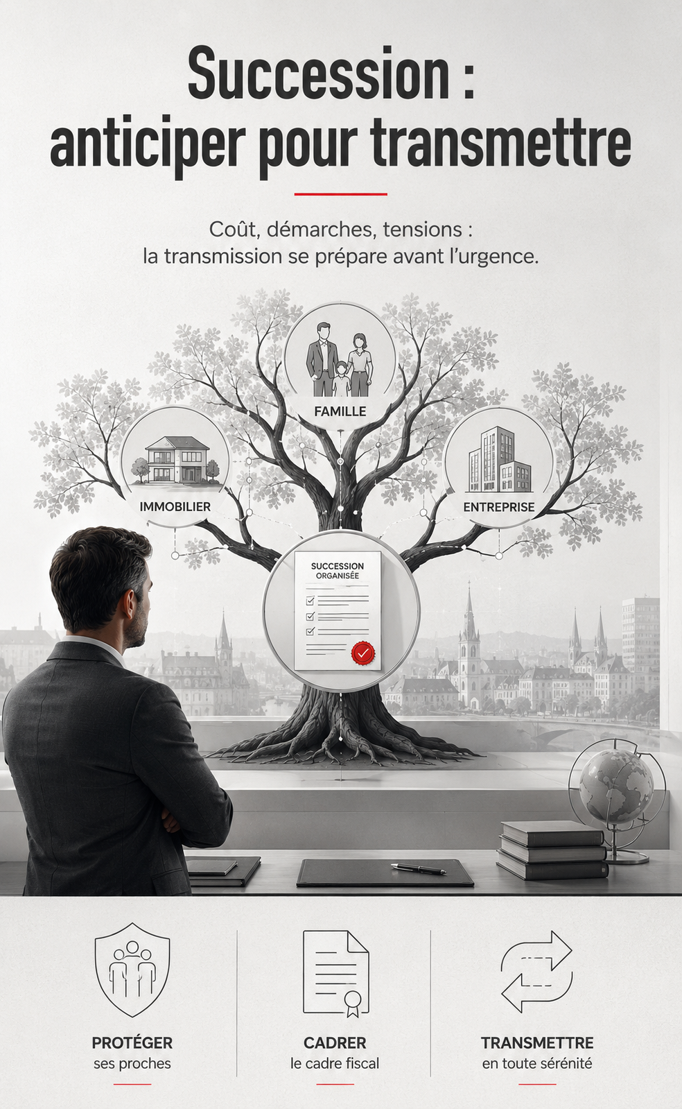Illustration premium représentant l’anticipation successorale avec transmission familiale, immobilier et entreprise dans un univers patrimonial structuré.
