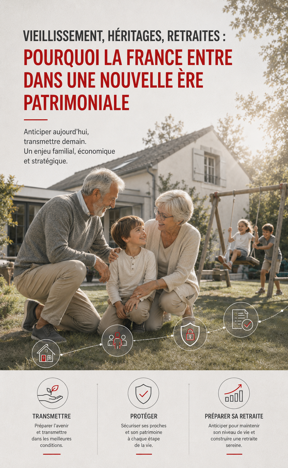 Grand-parents avec leur petit-fils dans la cour d’une maison familiale, enfants jouant sur une balançoire en arrière-plan, symbole de transmission patrimoniale et de retraite