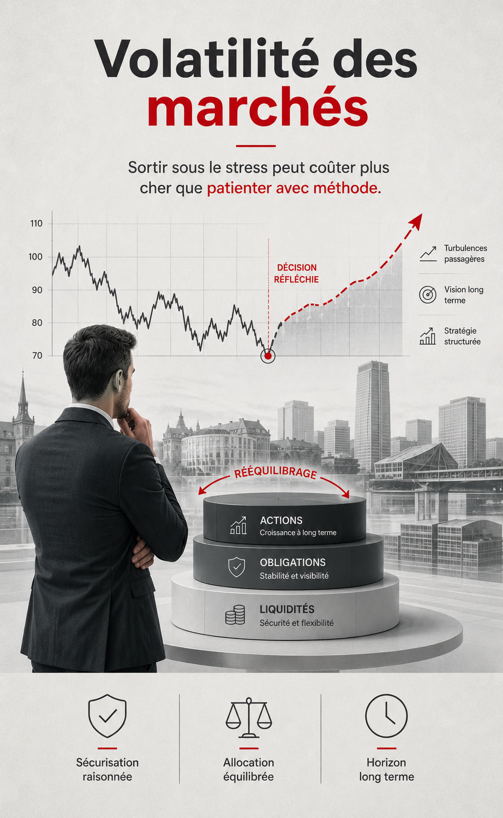 Volatilité des marchés et allocation patrimoniale Investisseur analysant la volatilité des marchés financiers et le rééquilibrage d’une allocation patrimoniale diversifiée.
