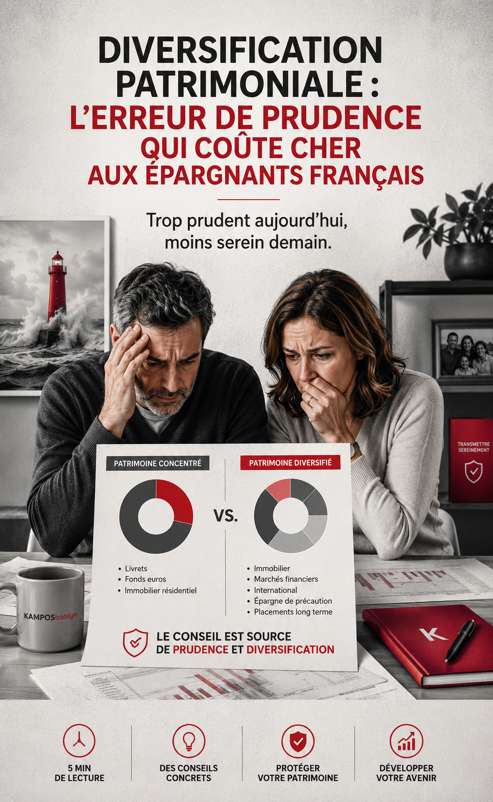 Couple analysant les conséquences d’un patrimoine trop concentré sur des placements sécurisés face à une stratégie de diversification patrimoniale.