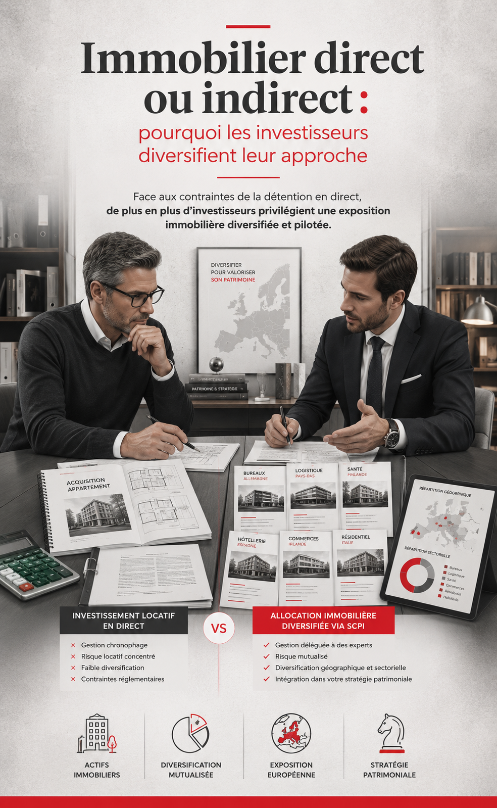immobilier direct vs scpi diversification patrimoniale kampostrategie Investisseur comparant immobilier direct et SCPI européennes avec son conseiller en gestion de patrimoine