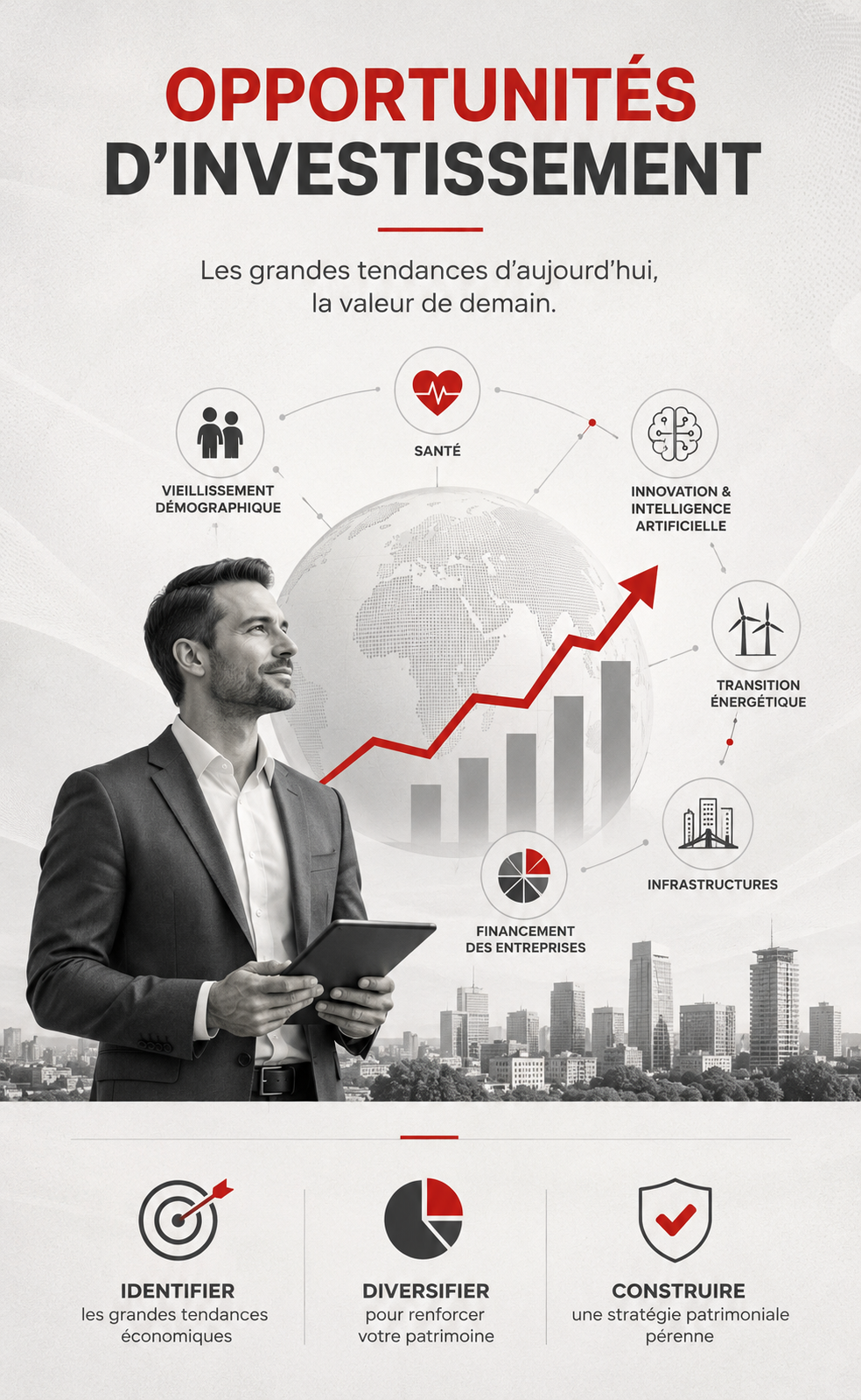 Opportunités d'investissement : économie de demain Illustration représentant les opportunités d'investissement liées aux grandes tendances économiques afin de diversifier son patrimoine.