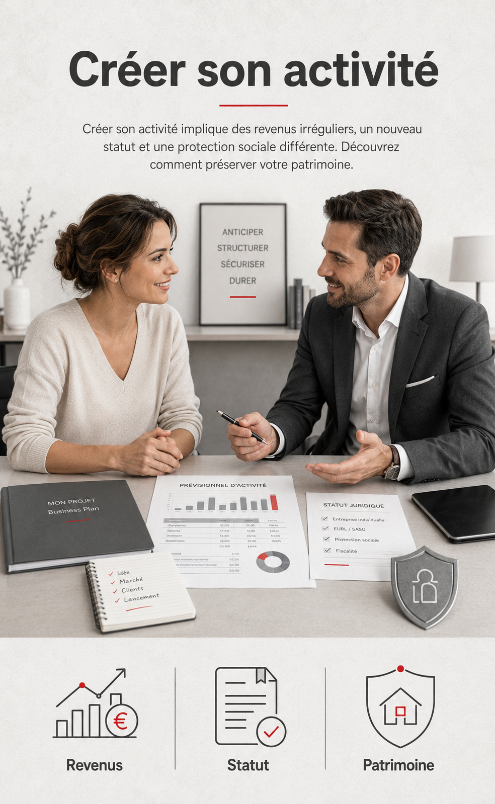 Échange entre une entrepreneuse et un conseiller pour organiser les revenus, le statut et la protection du patrimoine lors d’une création d’activité.