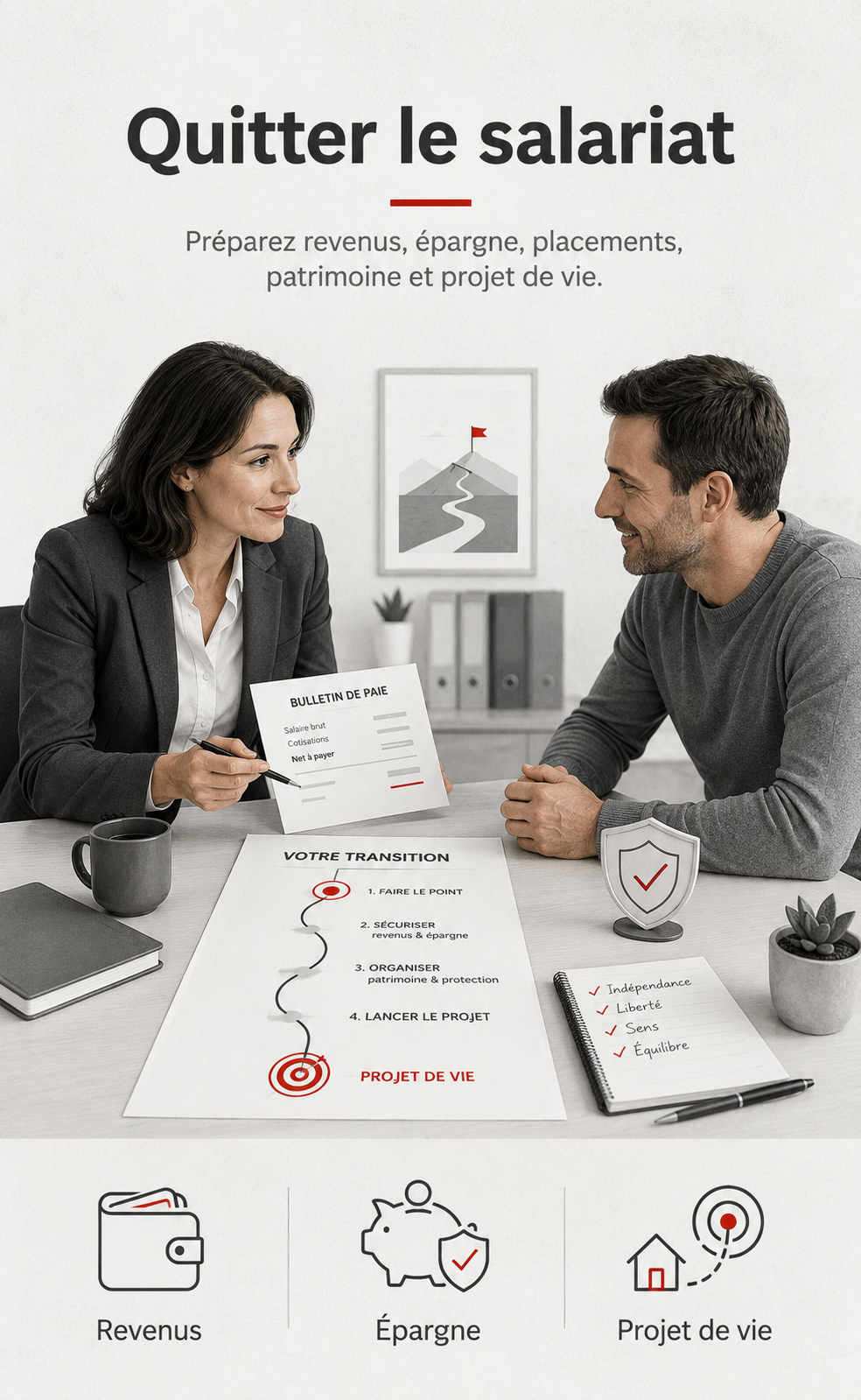 Quitter le salariat : préparer revenus, épargne et projet de vie Personne préparant une sortie du salariat avec un conseiller, autour des revenus, de l’épargne, des placements et du projet de vie.