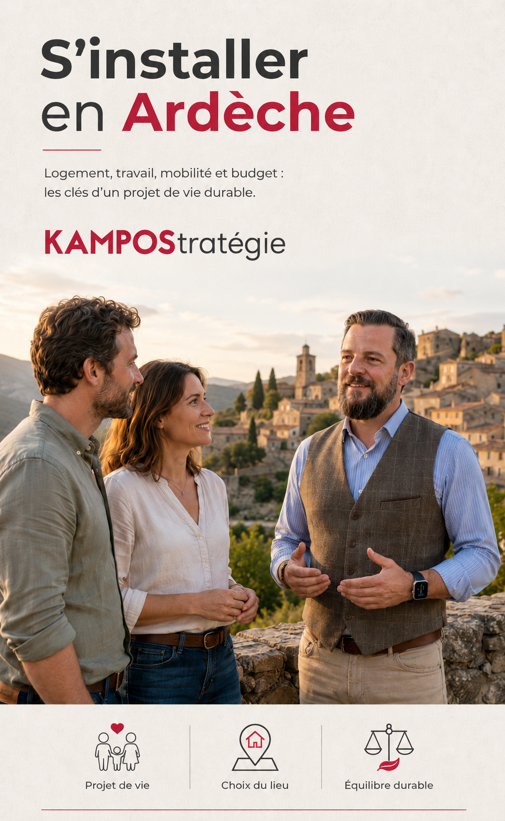sinstaller ardeche projet vie durable kampostrategie Conseiller KAMPOStratégie échangeant avec un couple dans les monts d’Ardèche face à un village ardéchois baigné de lumière, pour illustrer un projet de vie et d’installation en Ardèche.