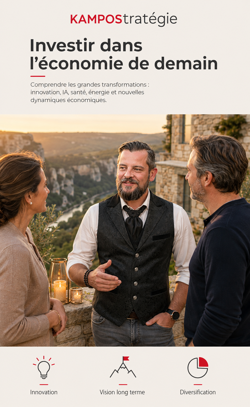 Guillaume Charpentier échange avec un couple sur une terrasse en Ardèche au sujet d’investir dans l’économie de demain