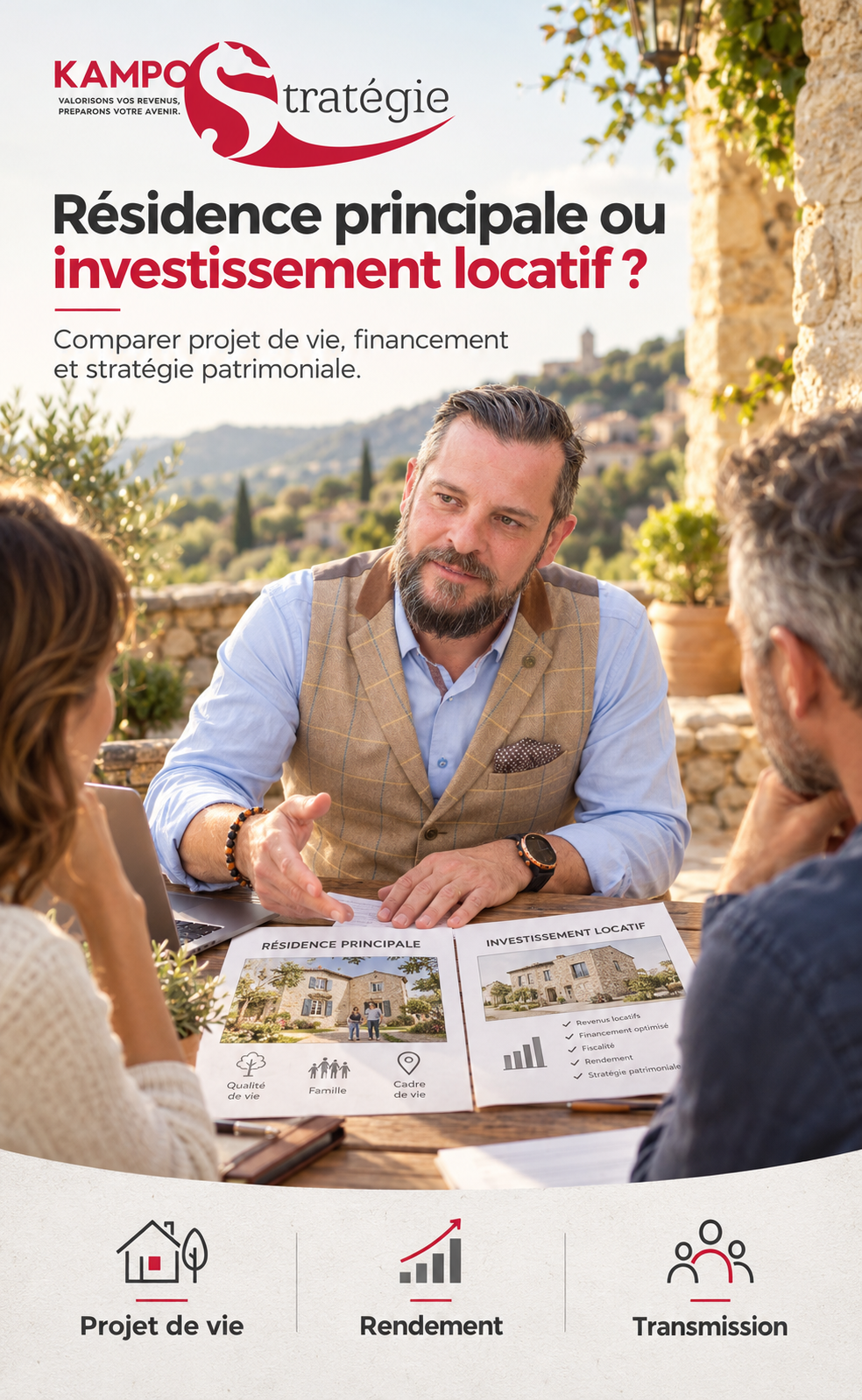Résidence principale ou investissement locatif Guillaume CHARPENTIER, conseiller en gestion de patrimoine chez KAMPOStratégie, échange avec un couple en Ardèche autour du choix entre résidence principale et investissement locatif.